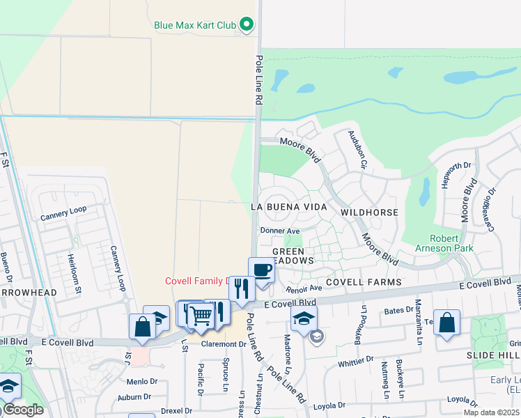 map of restaurants, bars, coffee shops, grocery stores, and more near 2720 Pole Line Road in Davis