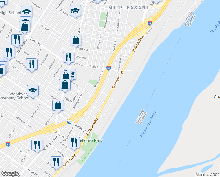 map of restaurants, bars, coffee shops, grocery stores, and more near 5001 South Broadway in St. Louis