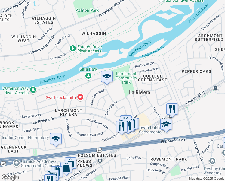 map of restaurants, bars, coffee shops, grocery stores, and more near 2441 Stansberry Way in Sacramento