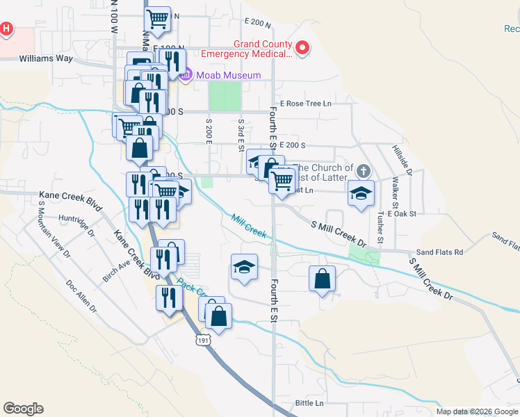 map of restaurants, bars, coffee shops, grocery stores, and more near 373 Pueblo Court in Moab