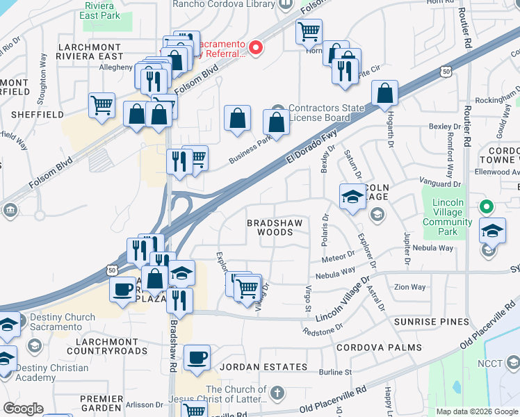 map of restaurants, bars, coffee shops, grocery stores, and more near 9729 Red Cedar Circle in Sacramento