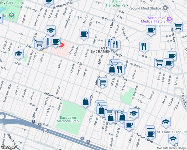 map of restaurants, bars, coffee shops, grocery stores, and more near 1109 45th Street in Sacramento