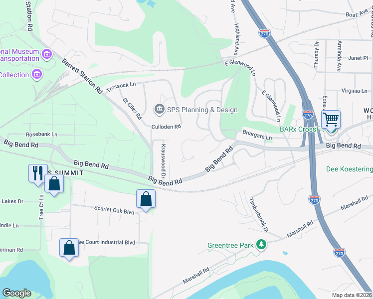 map of restaurants, bars, coffee shops, grocery stores, and more near 2361 Maybrook Lane in Kirkwood