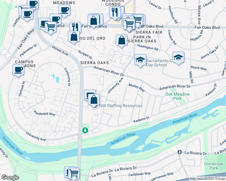 map of restaurants, bars, coffee shops, grocery stores, and more near 43 Adler Circle in Sacramento