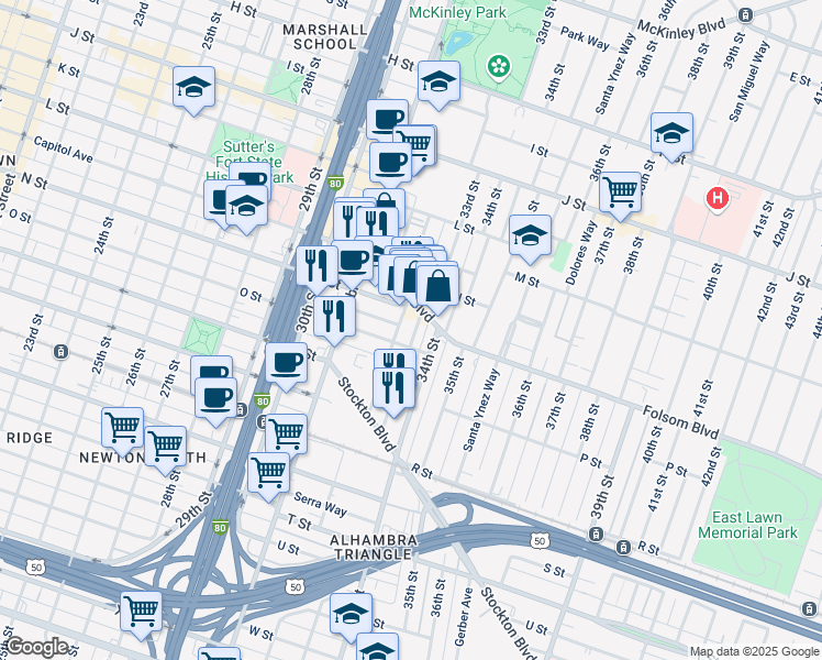 map of restaurants, bars, coffee shops, grocery stores, and more near 1509 32nd Street in Sacramento