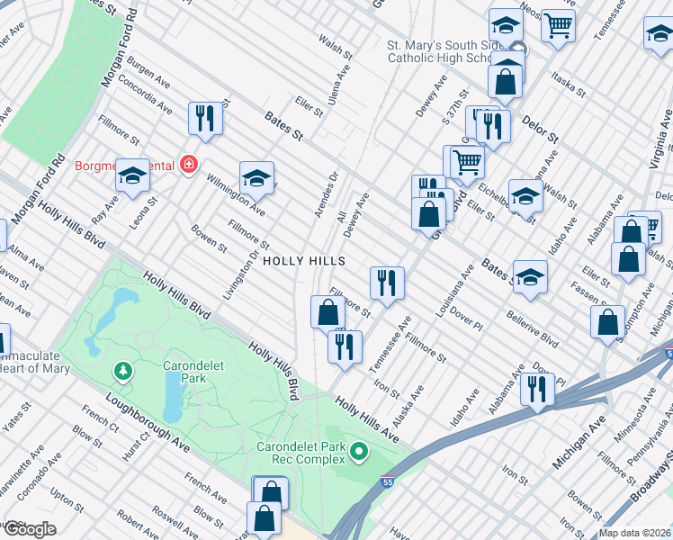 map of restaurants, bars, coffee shops, grocery stores, and more near 6024 Dewey Avenue in St. Louis