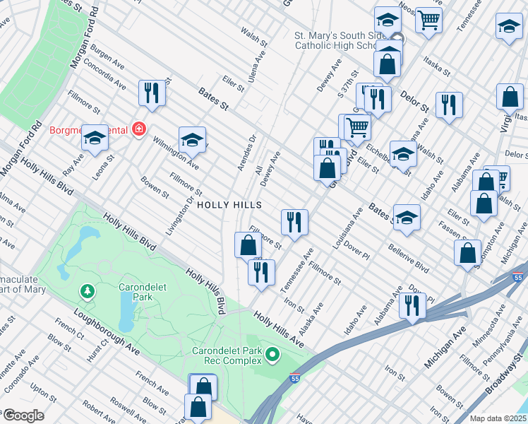 map of restaurants, bars, coffee shops, grocery stores, and more near Wilmington Avenue in St. Louis