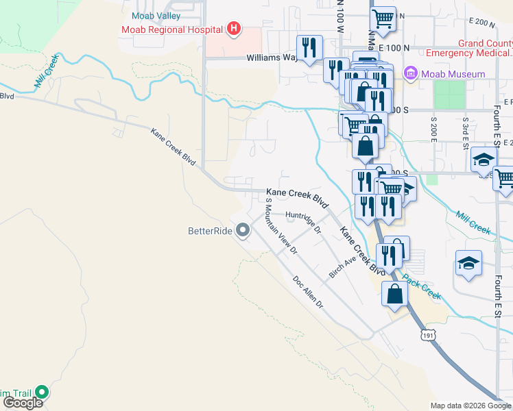 map of restaurants, bars, coffee shops, grocery stores, and more near 382 Huntridge Drive in Moab