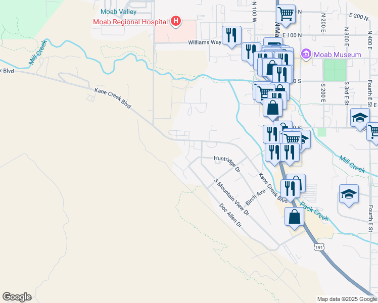 map of restaurants, bars, coffee shops, grocery stores, and more near 382 Huntridge Drive in Moab