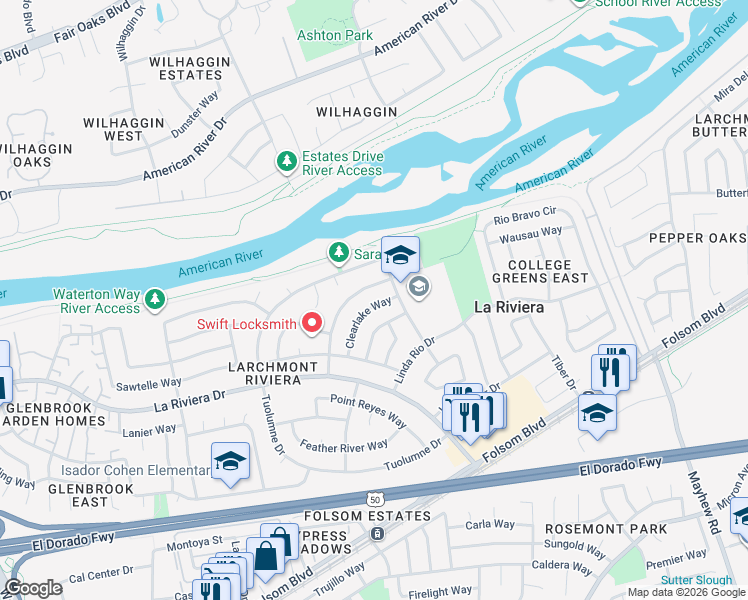 map of restaurants, bars, coffee shops, grocery stores, and more near 2524 Niagara Way in Sacramento