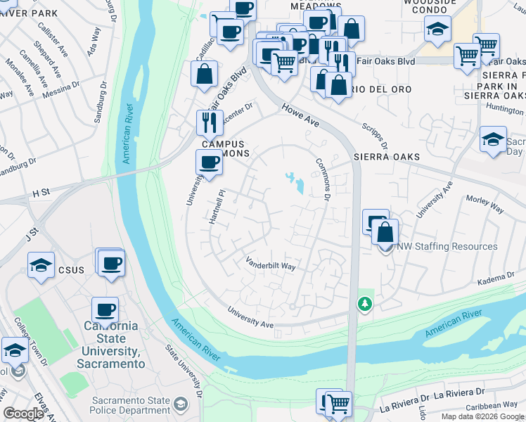 map of restaurants, bars, coffee shops, grocery stores, and more near 536 Hartnell Place in Sacramento