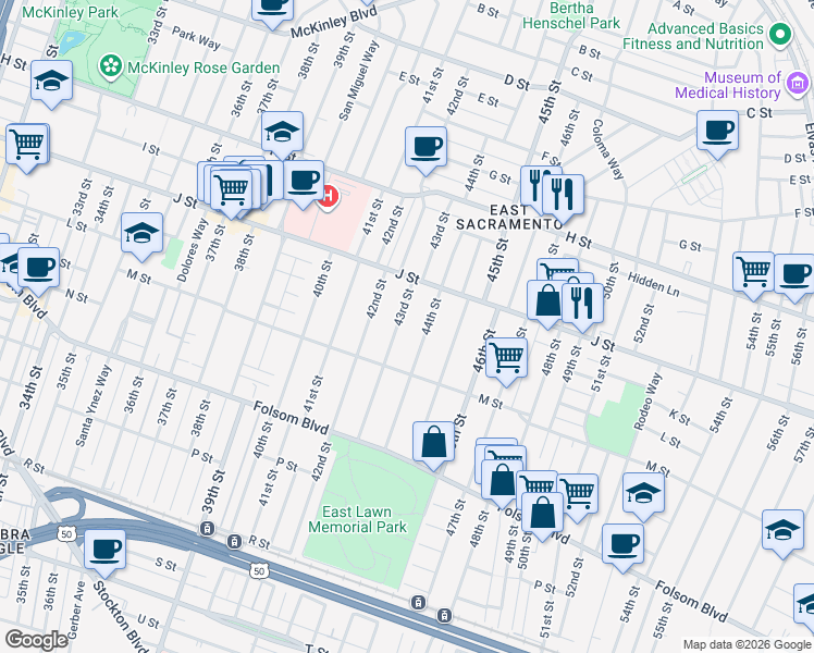 map of restaurants, bars, coffee shops, grocery stores, and more near 1200 43rd Street in Sacramento