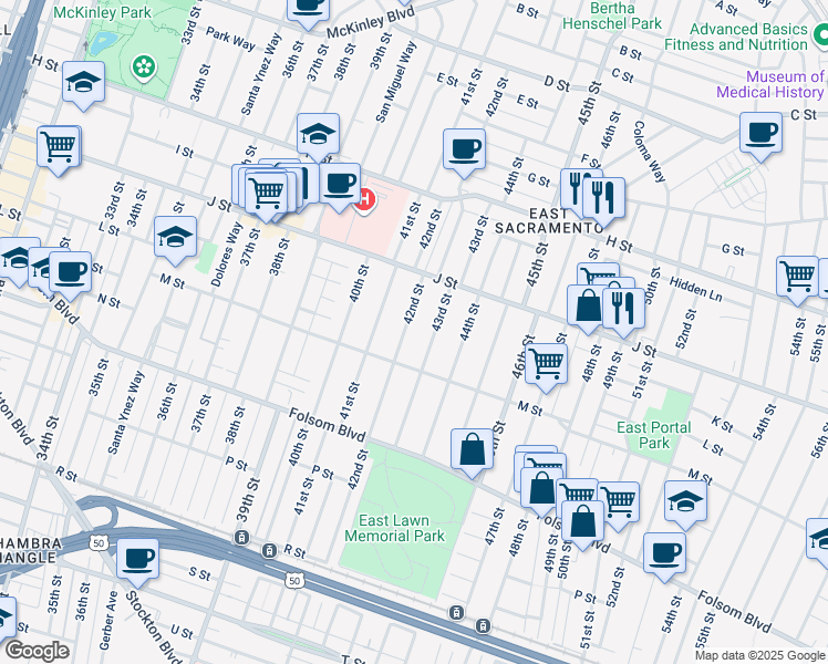 map of restaurants, bars, coffee shops, grocery stores, and more near 1200 43rd Street in Sacramento