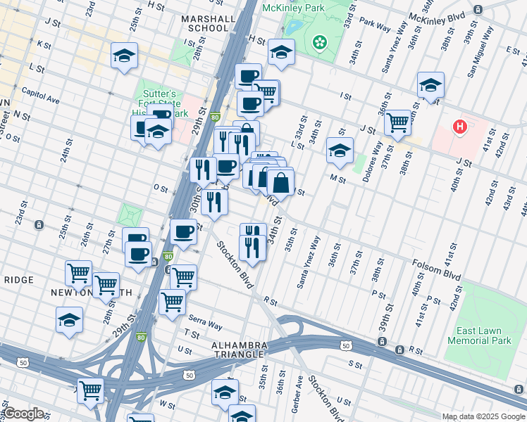 map of restaurants, bars, coffee shops, grocery stores, and more near 1509 32nd Street in Sacramento