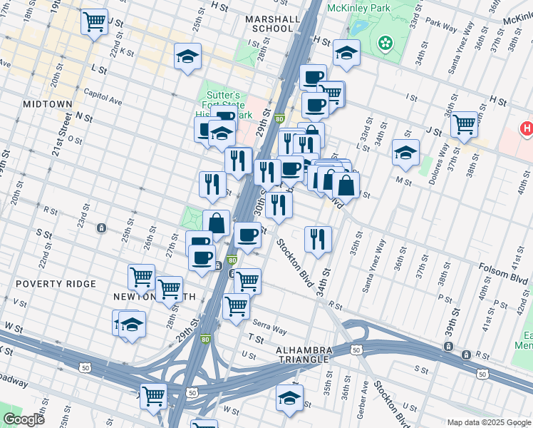 map of restaurants, bars, coffee shops, grocery stores, and more near 3031 P Street in Sacramento