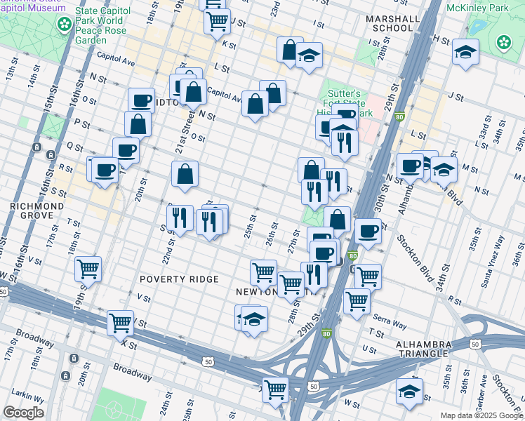 map of restaurants, bars, coffee shops, grocery stores, and more near in Sacramento