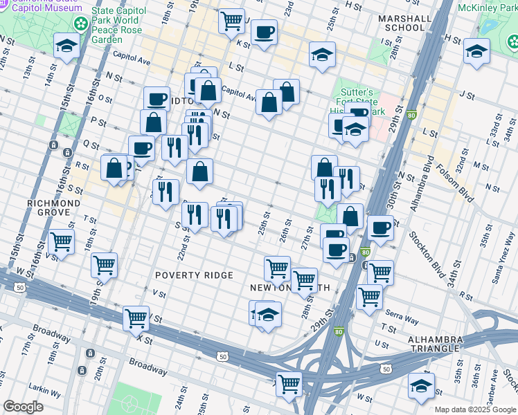 map of restaurants, bars, coffee shops, grocery stores, and more near 1717 24th Street in Sacramento