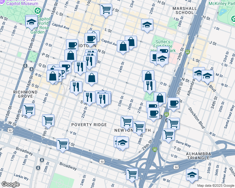 map of restaurants, bars, coffee shops, grocery stores, and more near 1717 24th Street in Sacramento