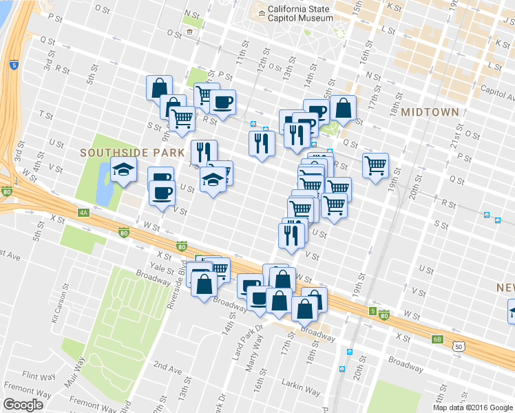 map of restaurants, bars, coffee shops, grocery stores, and more near 1300 U Street in Sacramento