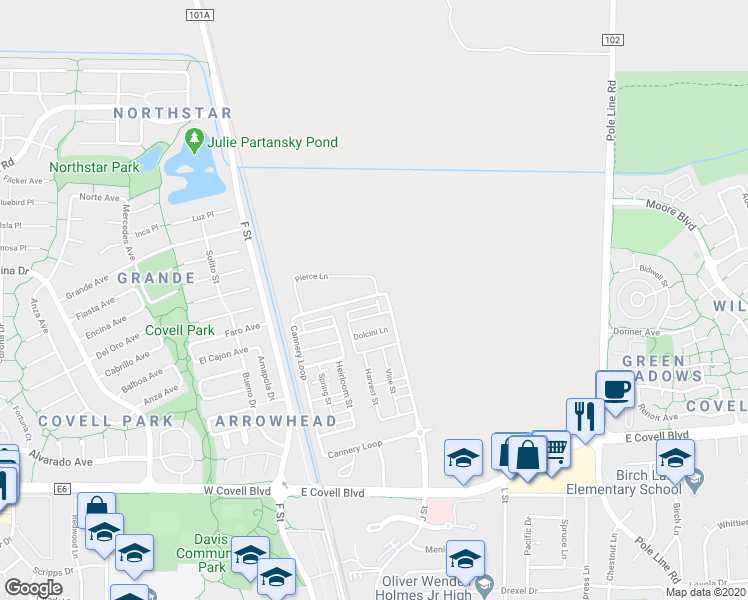 map of restaurants, bars, coffee shops, grocery stores, and more near 1007 Forbes Lane in Davis