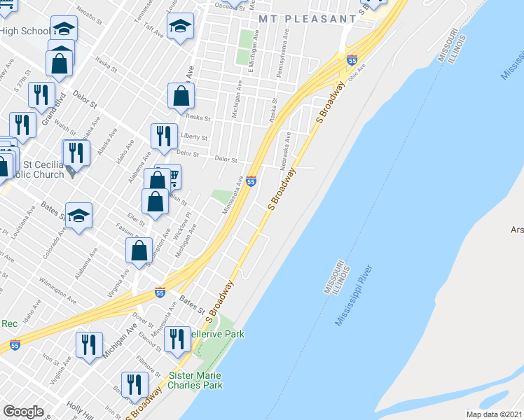 map of restaurants, bars, coffee shops, grocery stores, and more near 5025a South Broadway in St. Louis
