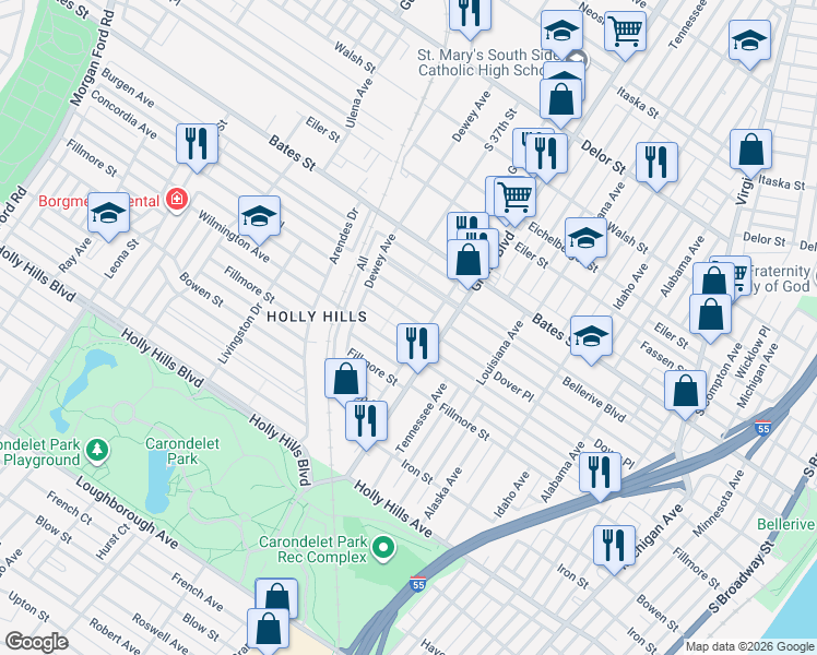 map of restaurants, bars, coffee shops, grocery stores, and more near 5815 South Grand Boulevard in St. Louis