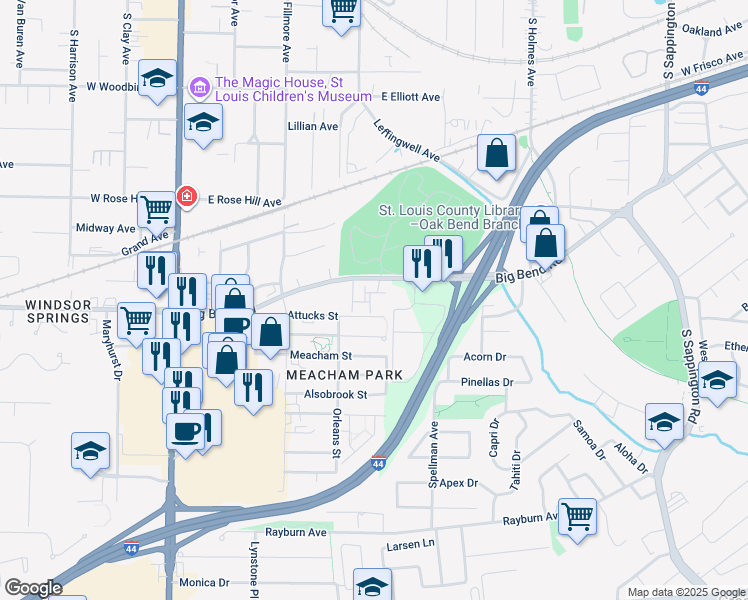 map of restaurants, bars, coffee shops, grocery stores, and more near 442 Attucks Street in St. Louis