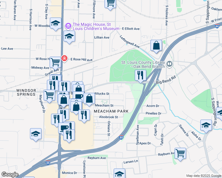 map of restaurants, bars, coffee shops, grocery stores, and more near 410 Attucks Street in Kirkwood
