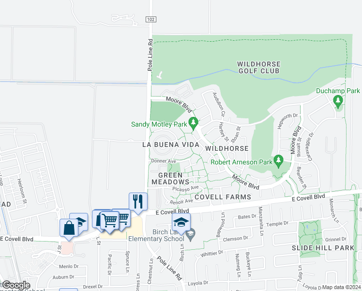 map of restaurants, bars, coffee shops, grocery stores, and more near 2728 Bidwell Street in Davis