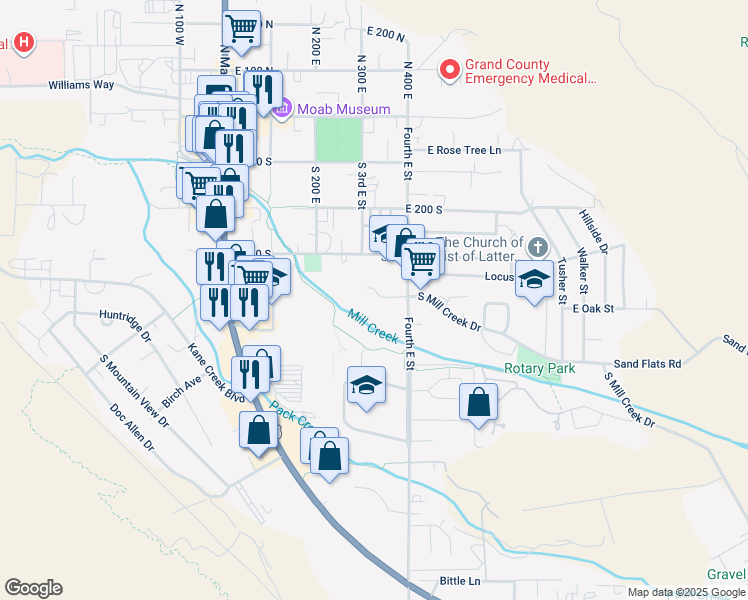 map of restaurants, bars, coffee shops, grocery stores, and more near 329 Pueblo Court in Moab