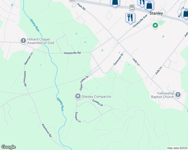 map of restaurants, bars, coffee shops, grocery stores, and more near 369 Eldon Yates Drive in Stanley