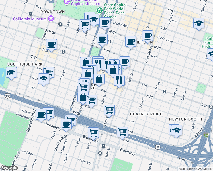 map of restaurants, bars, coffee shops, grocery stores, and more near 1912 18th Street in Sacramento