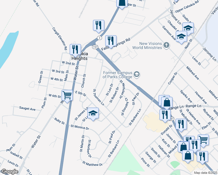map of restaurants, bars, coffee shops, grocery stores, and more near 131 Saint Leo Drive in Sauget