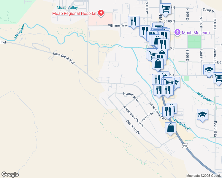 map of restaurants, bars, coffee shops, grocery stores, and more near 443 Kane Creek Boulevard in Moab