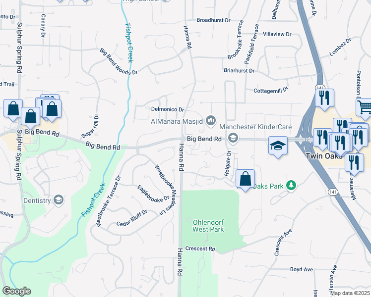 map of restaurants, bars, coffee shops, grocery stores, and more near 1329 Crossings Court in Ballwin