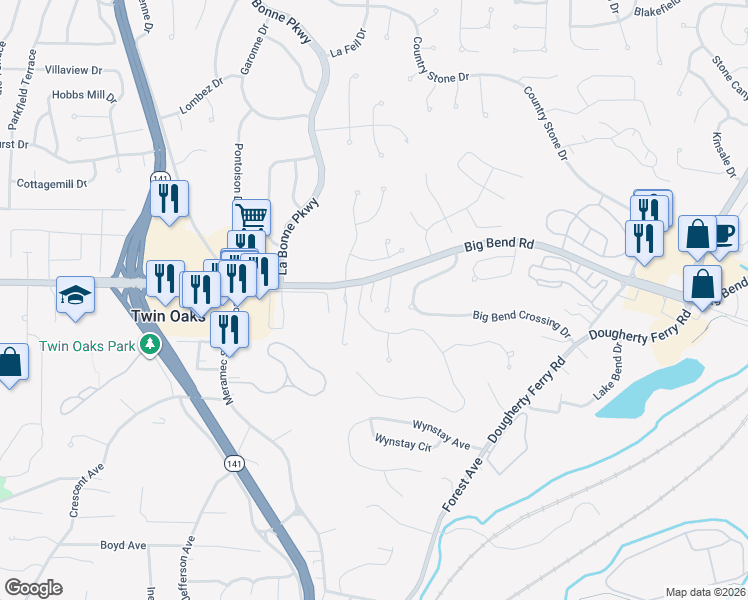 map of restaurants, bars, coffee shops, grocery stores, and more near 1129 Big Bend Station Drive in Valley Park
