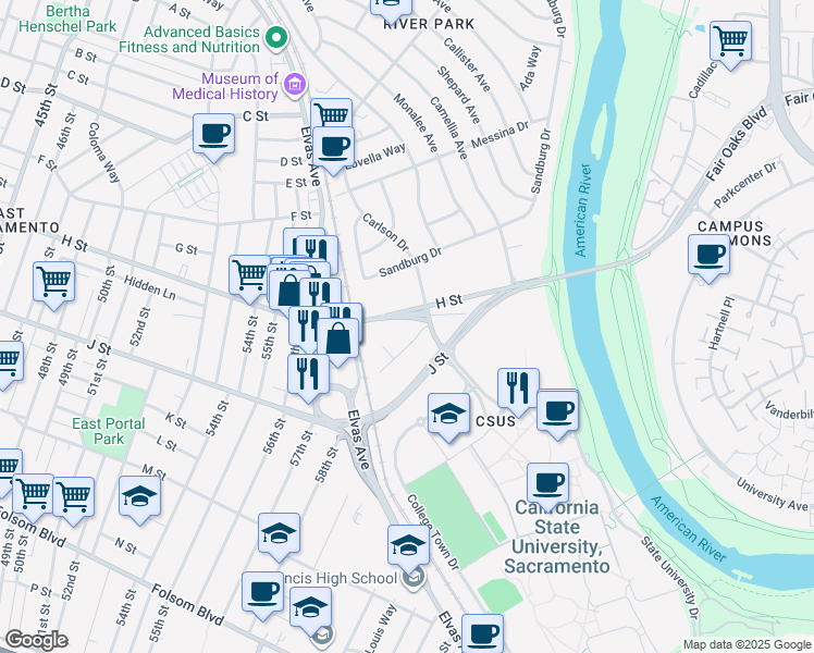 map of restaurants, bars, coffee shops, grocery stores, and more near 5900 Newman Court in Sacramento