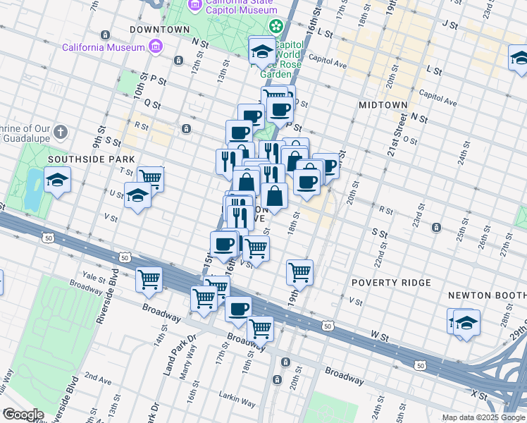 map of restaurants, bars, coffee shops, grocery stores, and more near 1614 T Street in Sacramento