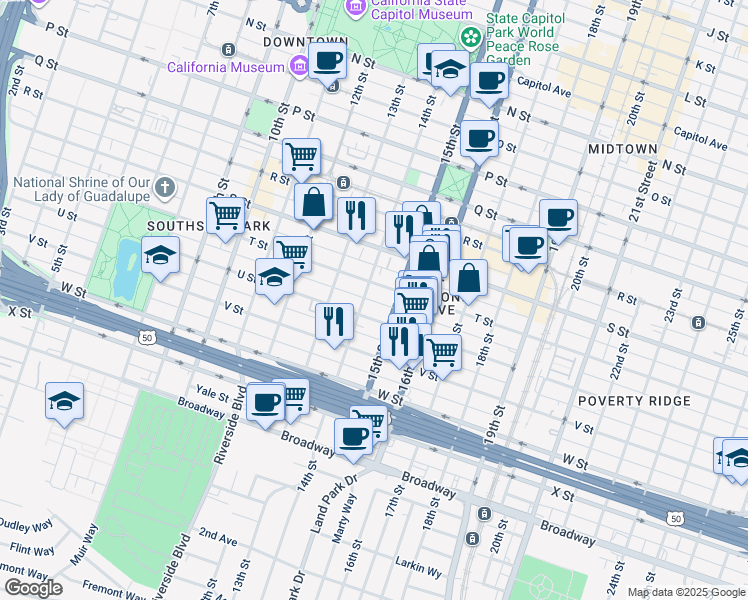 map of restaurants, bars, coffee shops, grocery stores, and more near 1414 U Street in Sacramento