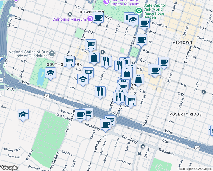 map of restaurants, bars, coffee shops, grocery stores, and more near 1414 U Street in Sacramento