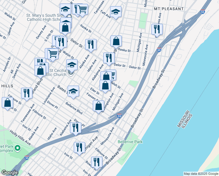 map of restaurants, bars, coffee shops, grocery stores, and more near 440 Eichelberger Street in St. Louis