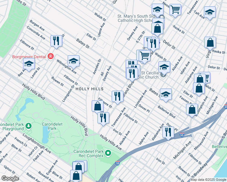 map of restaurants, bars, coffee shops, grocery stores, and more near 3640 Wilmington Avenue in St. Louis
