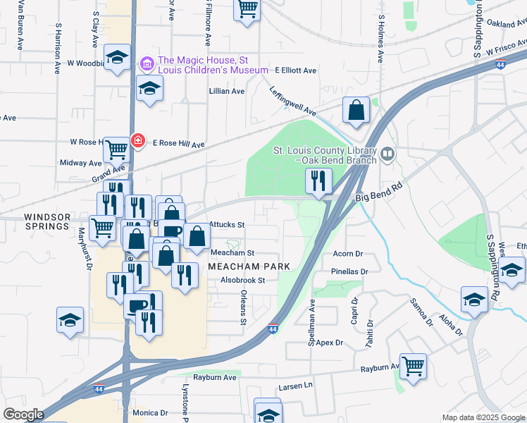 map of restaurants, bars, coffee shops, grocery stores, and more near 410 Attucks Street in Kirkwood