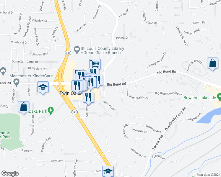 map of restaurants, bars, coffee shops, grocery stores, and more near 1042 La Bonne Parkway in Manchester