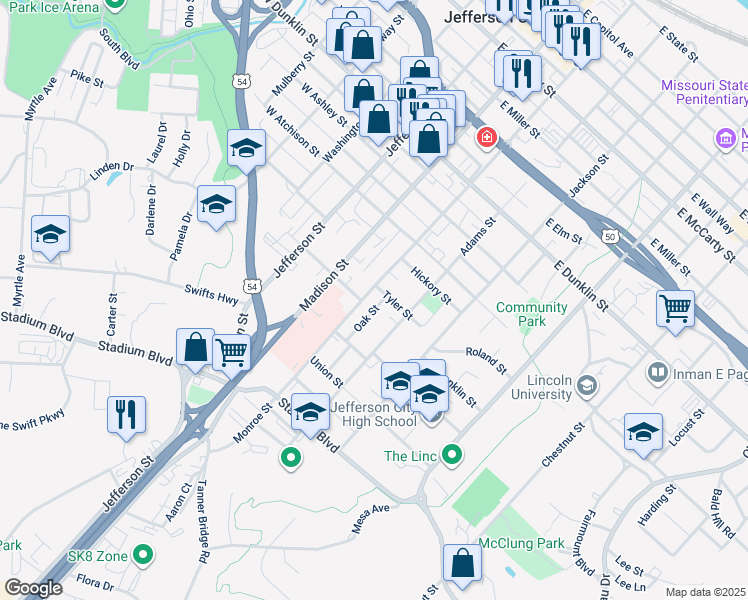 map of restaurants, bars, coffee shops, grocery stores, and more near 1004 Adams Street in Jefferson City