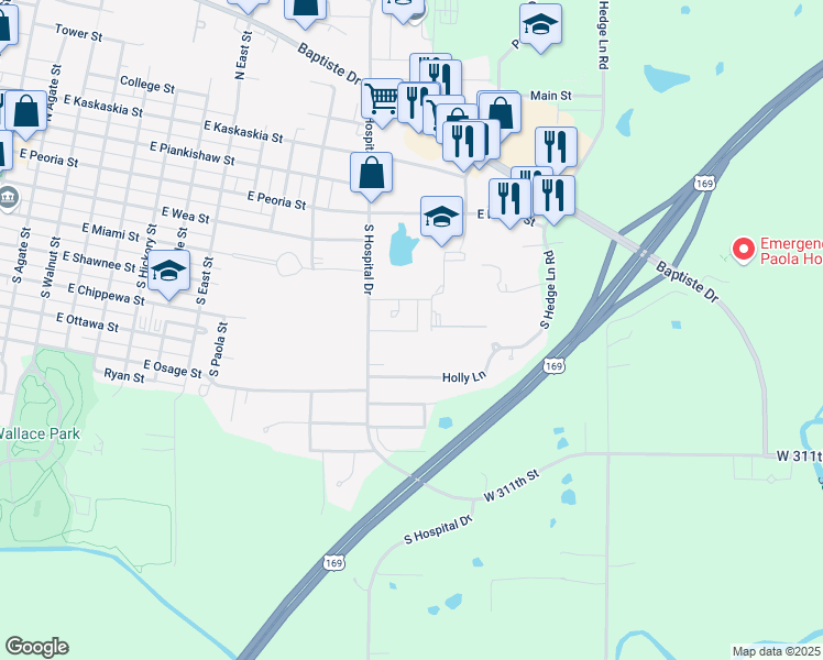 map of restaurants, bars, coffee shops, grocery stores, and more near 16 Holly Lane in Paola
