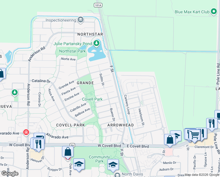 map of restaurants, bars, coffee shops, grocery stores, and more near 108 Guaymas Place in Davis