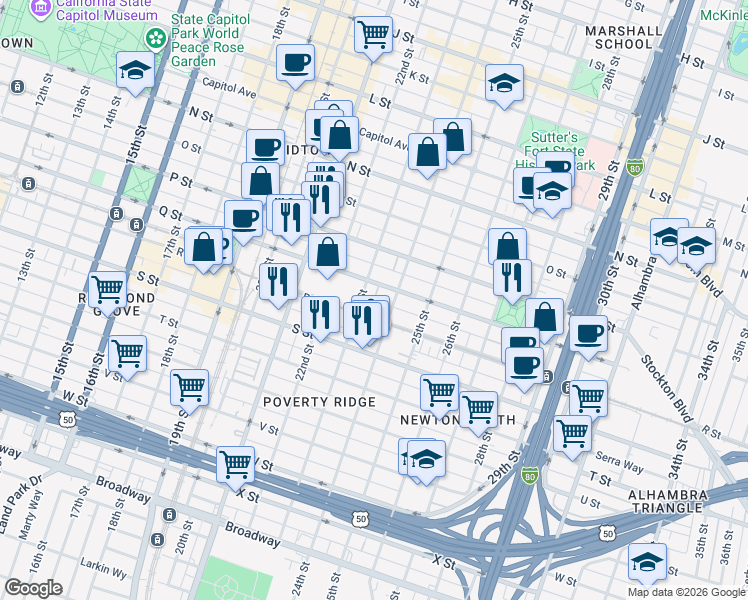 map of restaurants, bars, coffee shops, grocery stores, and more near 1701 Quill Alley in Sacramento