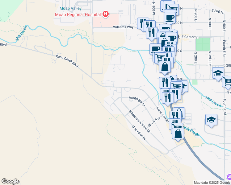 map of restaurants, bars, coffee shops, grocery stores, and more near 443 Kane Creek Boulevard in Moab
