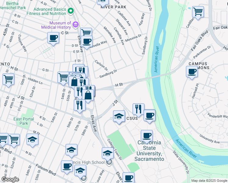 map of restaurants, bars, coffee shops, grocery stores, and more near Carlson Drive & Newman Court in Sacramento